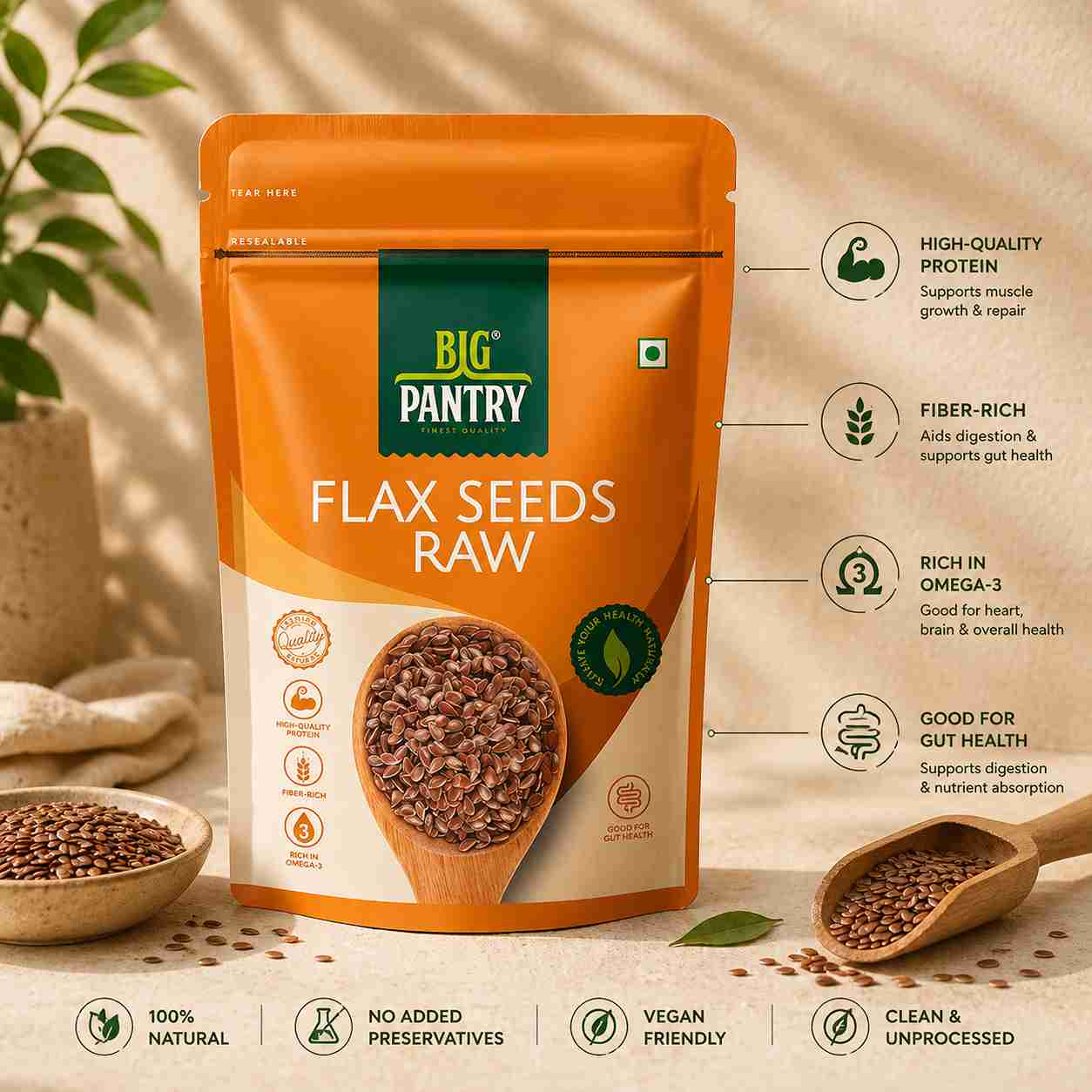 Big Pantry Raw Flax Seeds (Alsi) pouch, front view